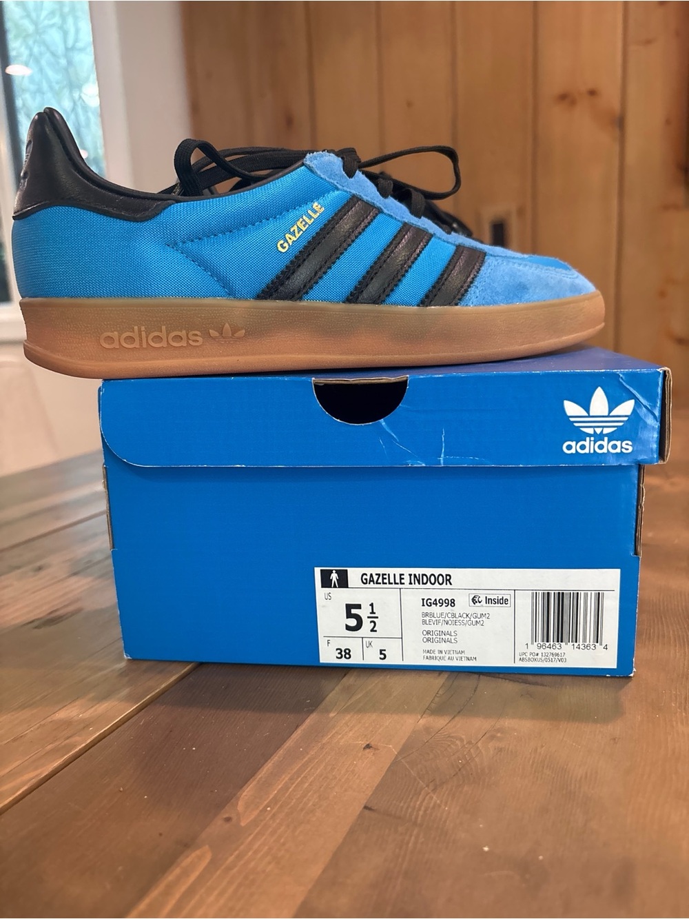 adidas Gazelle Indoor Bright Blue with Black Stripes and Gum Sole